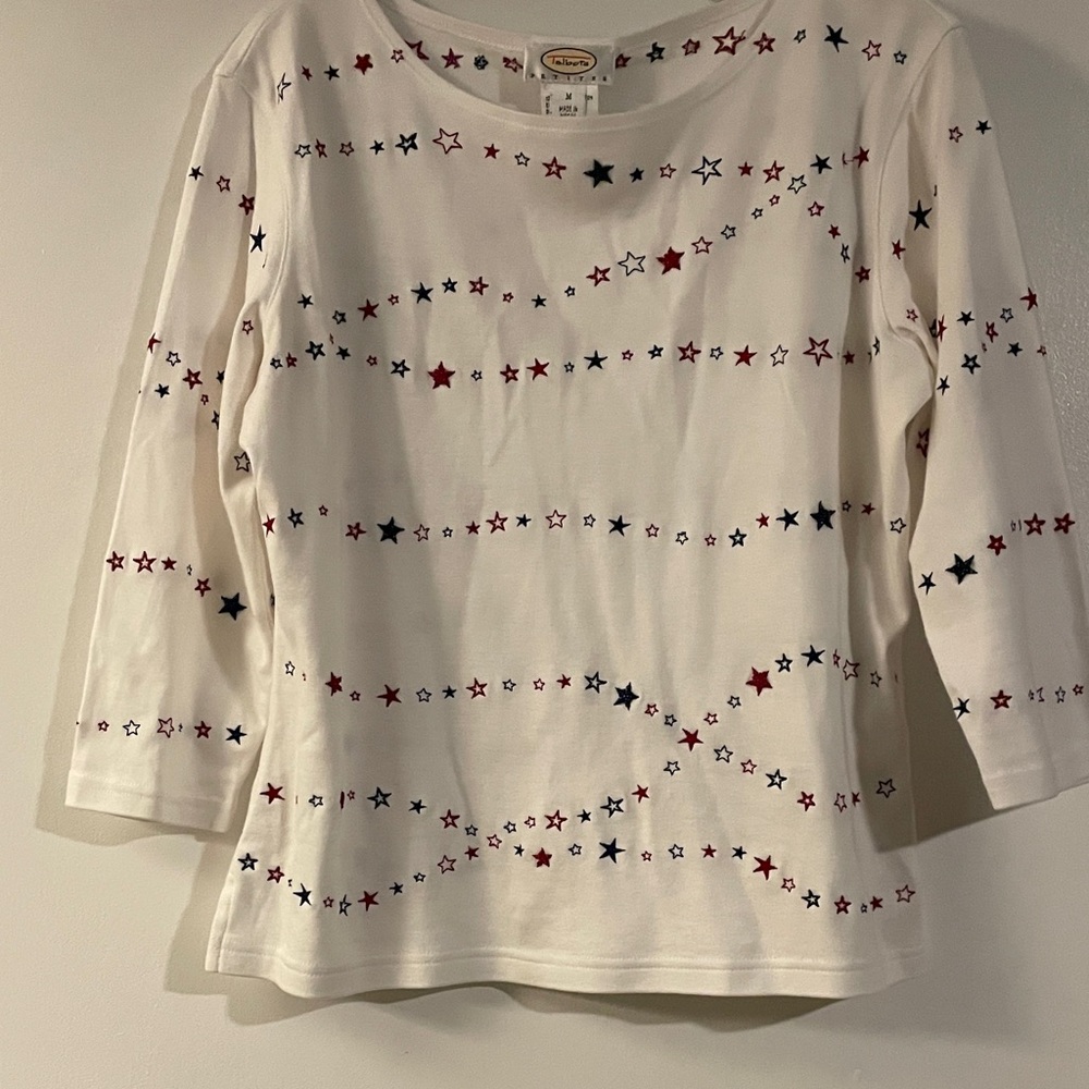 Talbots White Tee with Red and Blue Star Embroidery